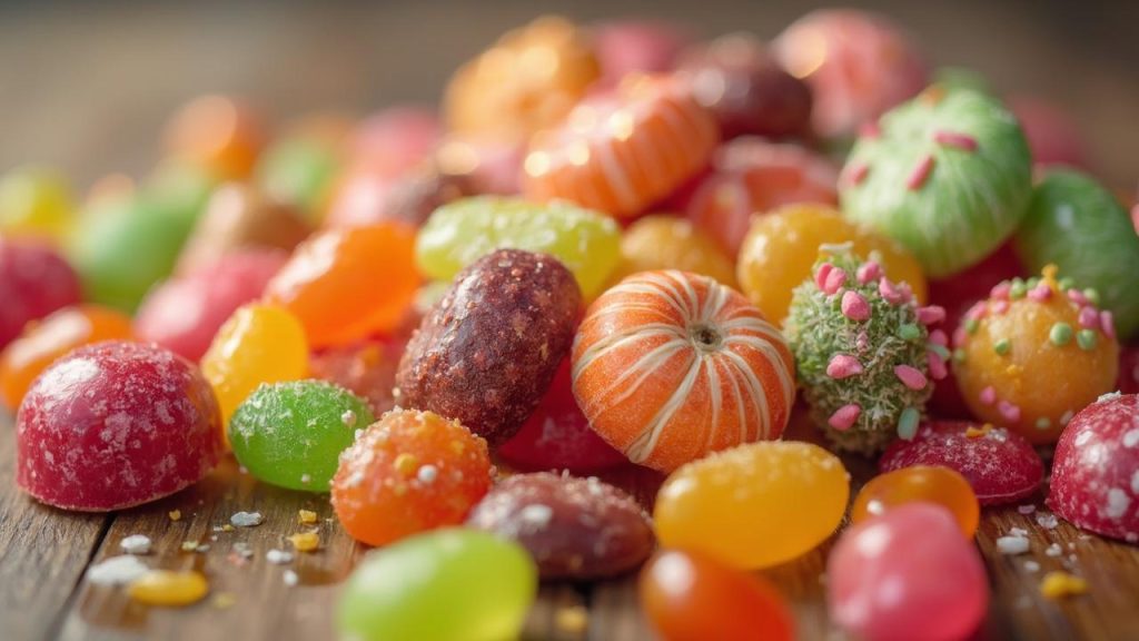Gros plan sur une variété de bonbons et de fruits confits aux couleurs vives