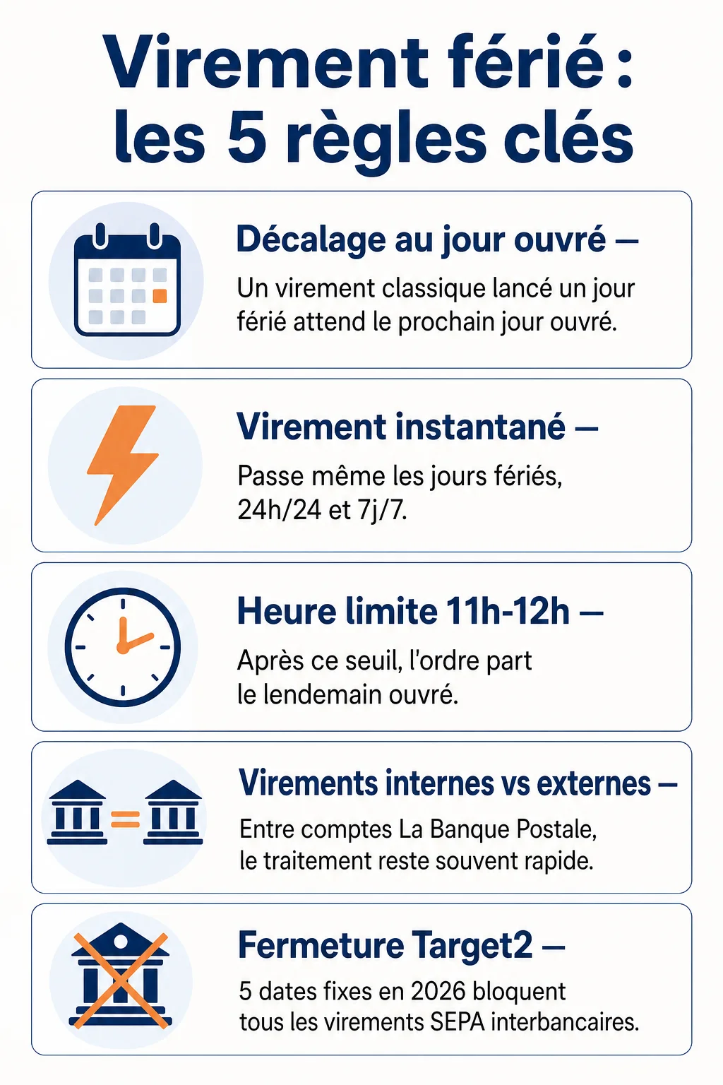 Virement férié : les 5 règles clés : Décalage au jour ouvré, Virement instantané, Heure limite 11h-12h, Virements internes vs externes, Fermeture Target2