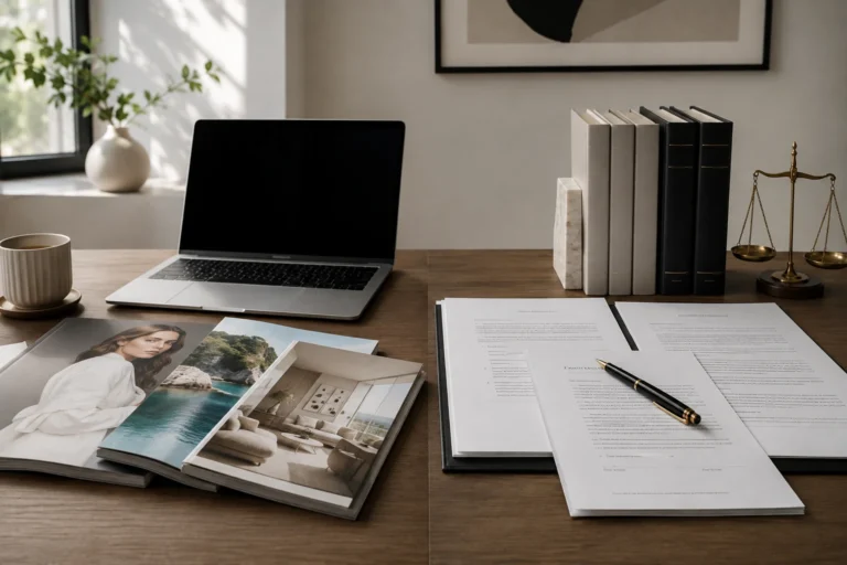 Bureau partagé entre univers marketing premium et documents juridiques du droit du travail