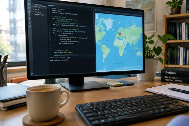 Écran de développeur affichant du code Python et une carte avec un point de géolocalisation d'adresse IP