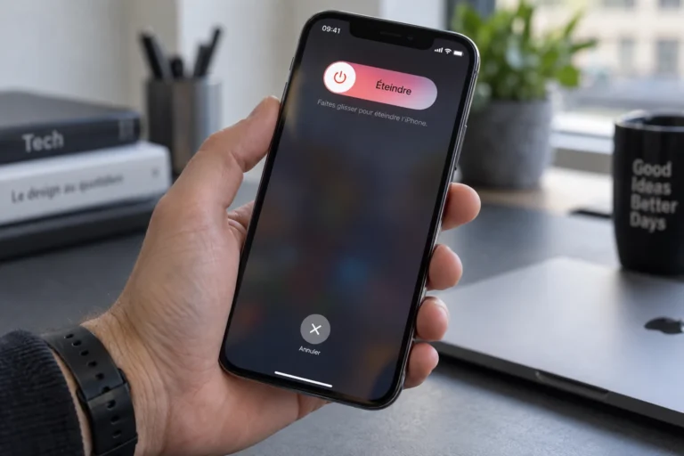 Main tenant un iPhone avec le curseur d'extinction affiché à l'écran
