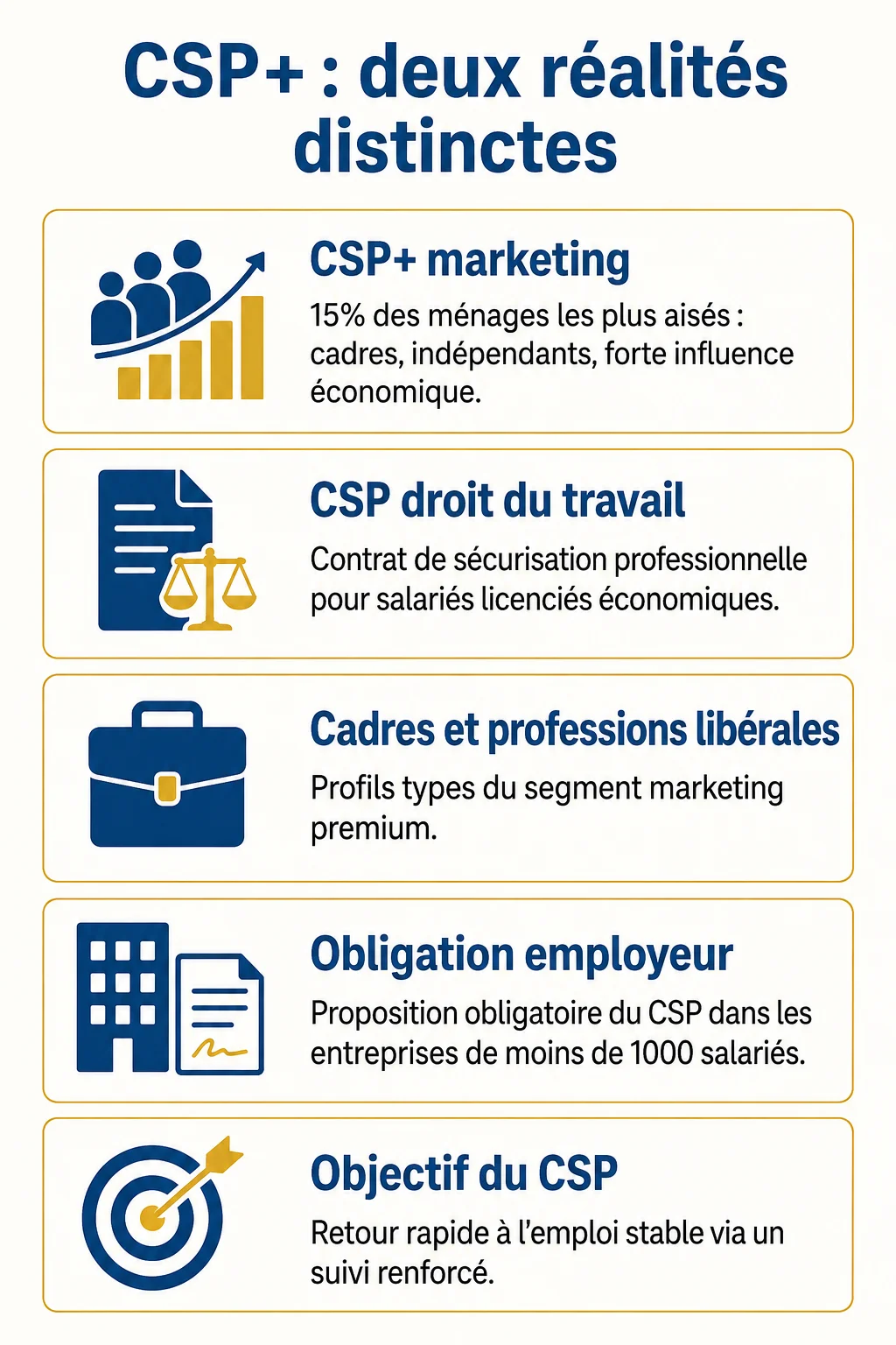 CSP+ : deux réalités distinctes : CSP+ marketing, CSP droit du travail, Cadres et professions libérales, Obligation employeur, Objectif du CSP