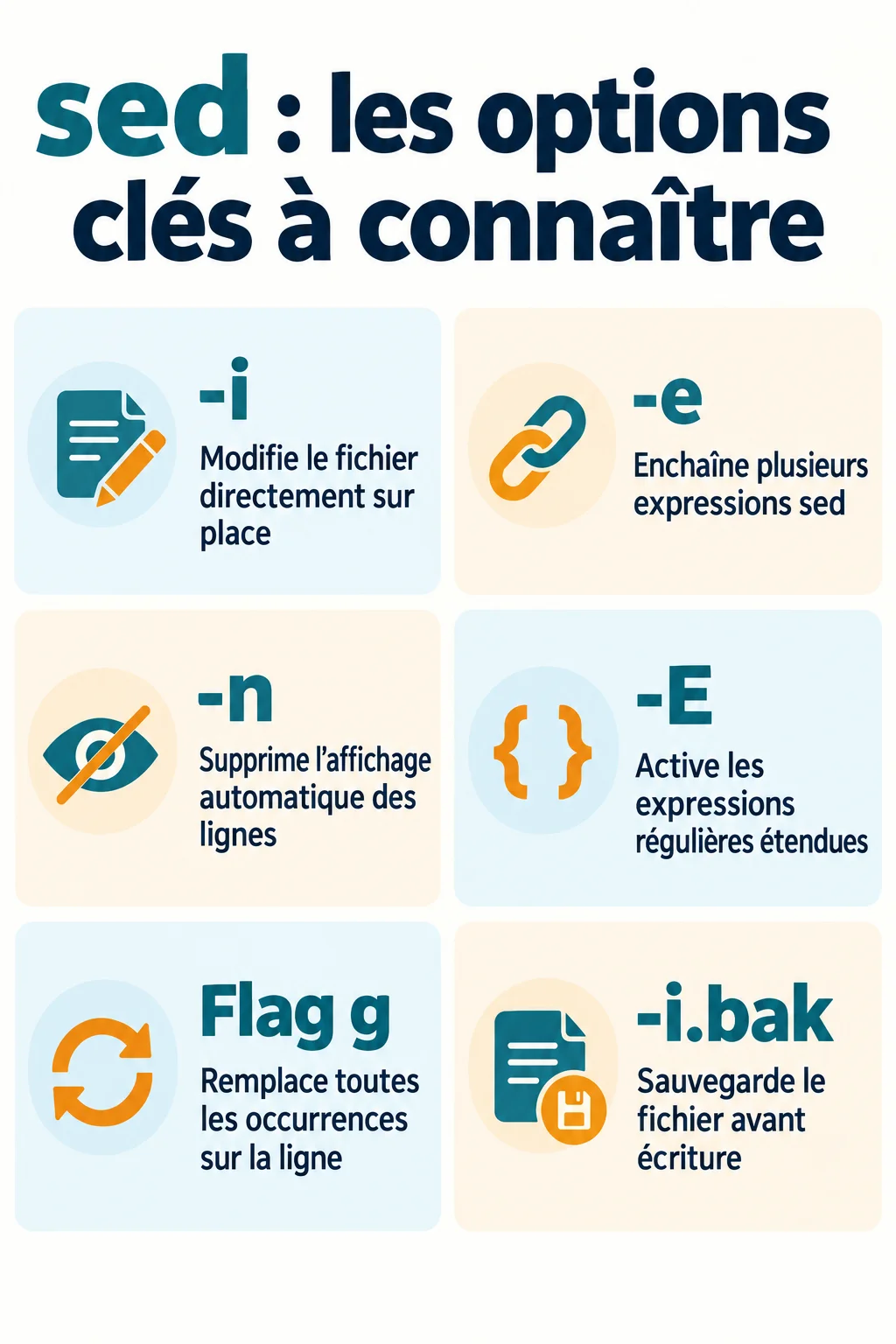 sed : les options clés à connaître : -i, -e, -n, -E, Flag g, -i.bak