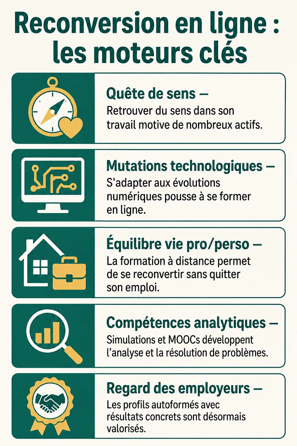 Reconversion en ligne : les moteurs clés : Quête de sens, Mutations technologiques, Équilibre vie pro/perso, Compétences analytiques, Regard des employeurs