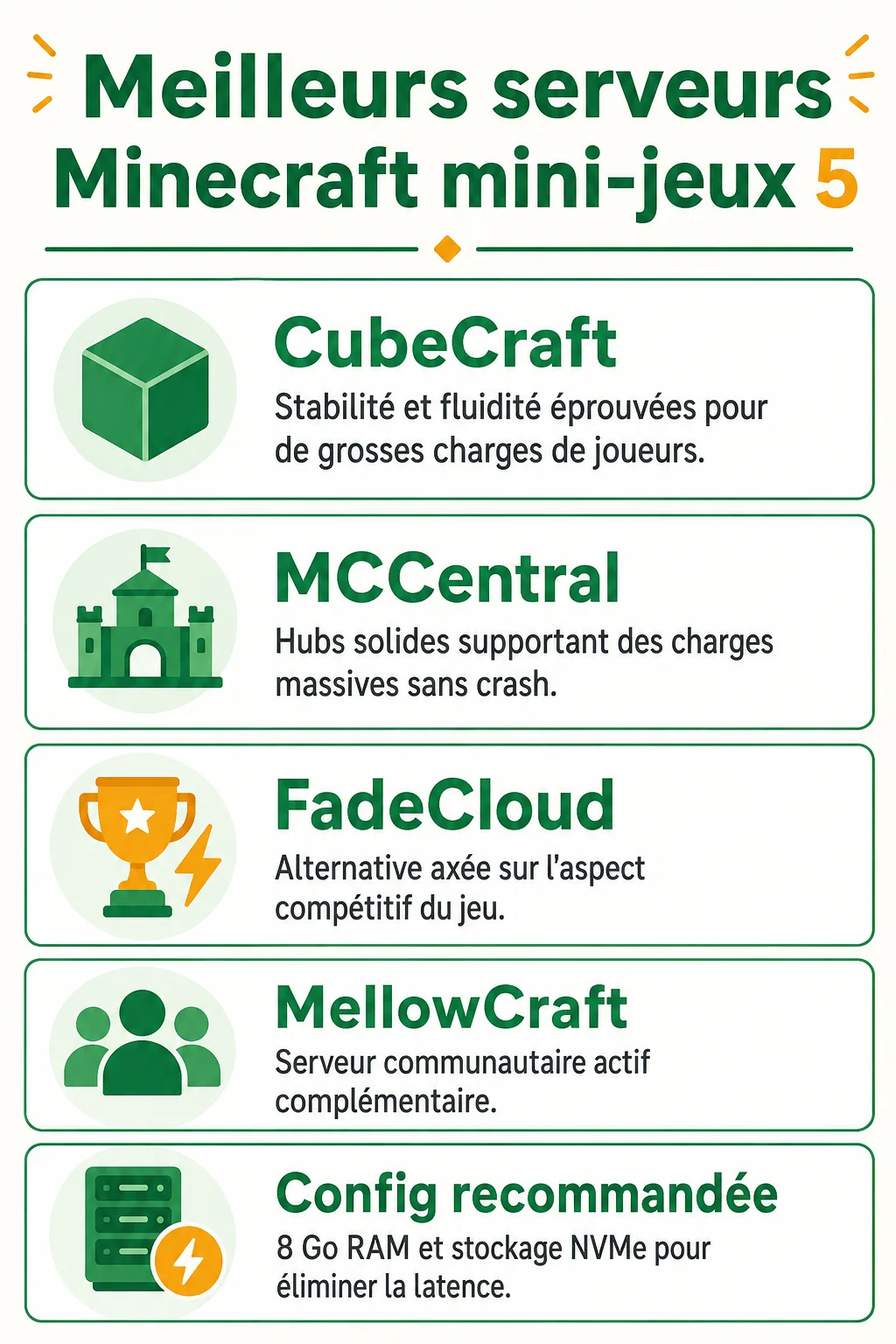Meilleurs serveurs Minecraft mini-jeux 5 : CubeCraft, MCCentral, FadeCloud, MellowCraft, Config recommandée