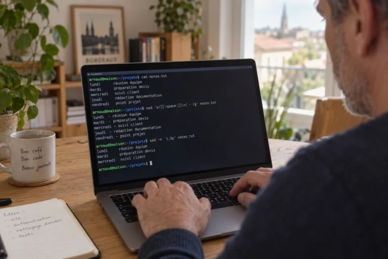 Terminal Linux affichant une commande sed en cours d'exécution sur un ordinateur portable