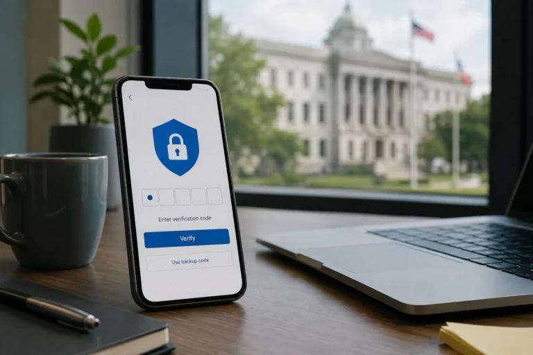 Smartphone affichant un écran de connexion sécurisée avec authentification à deux facteurs sur un bureau