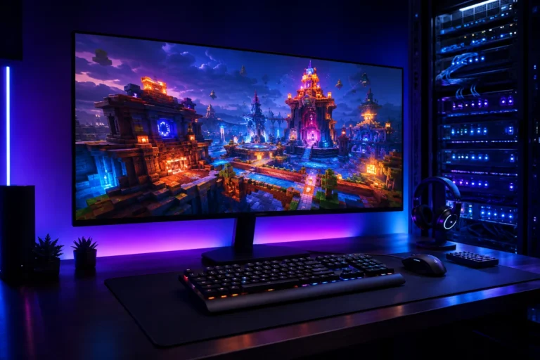 Configuration gaming avec écran affichant un univers blocs coloré et serveurs en arrière-plan