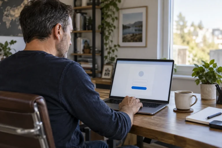 Adulte se connectant à son espace de formation en ligne depuis un ordinateur portable à domicile
