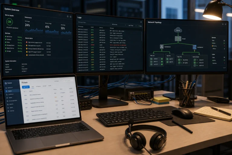 Poste de travail d'un technicien d'assistance informatique avec écrans de diagnostic réseau