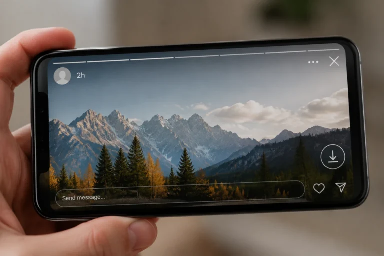 Smartphone affichant une story avec icône de téléchargement pour sauvegarde de contenu