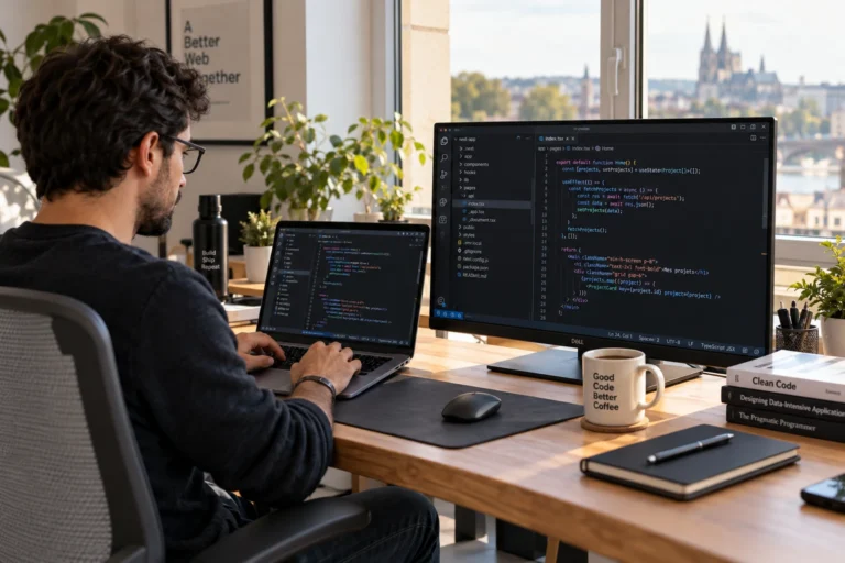 Développeur travaillant sur du code avec un assistant IA dans un éditeur sur un bureau lumineux