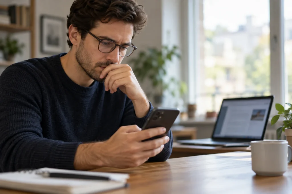 Personne qui examine les réglages de son smartphone pour détecter une éventuelle surveillance