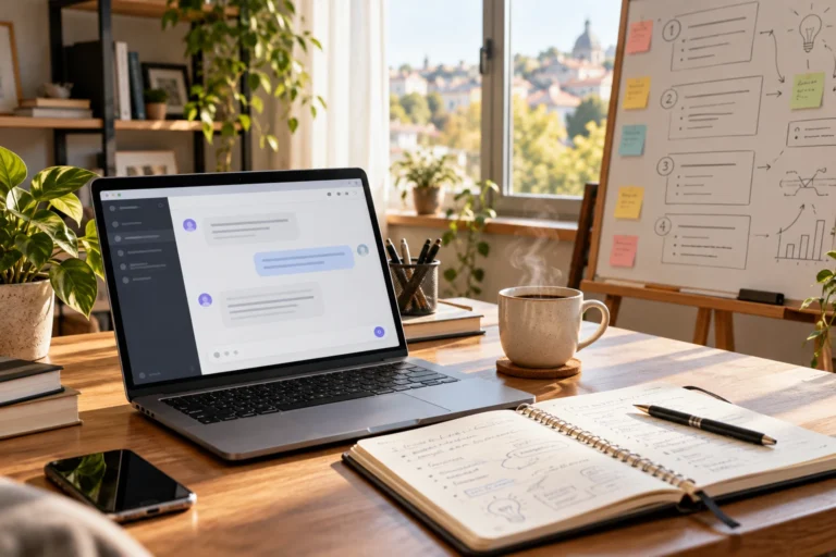 Bureau avec ordinateur portable affichant un assistant IA et un carnet de notes pour planifier un article SEO