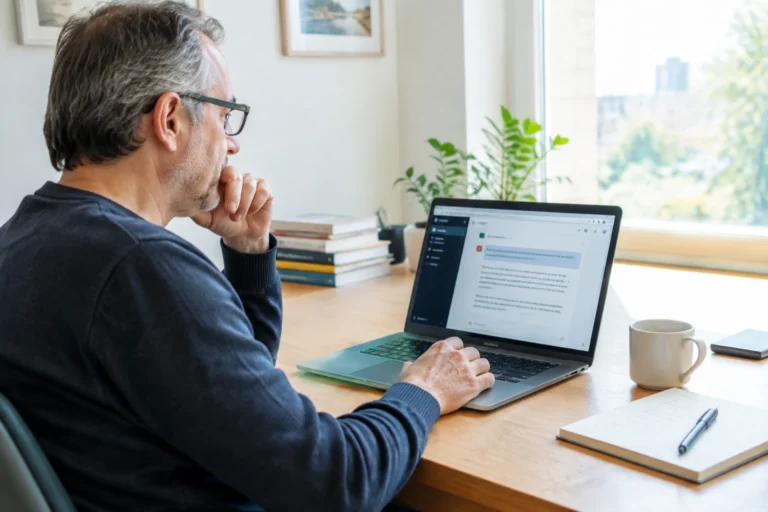Professionnel suivant une formation ChatGPT sur son ordinateur portable à son bureau