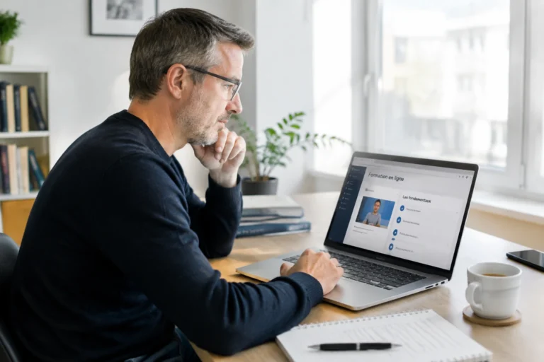 Professionnel suivant une formation en intelligence artificielle sur ordinateur portable à son bureau