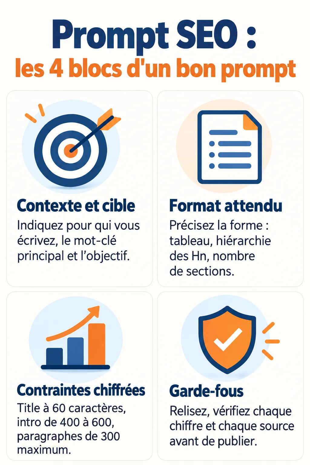 Prompt SEO : les 4 blocs d'un bon prompt : Contexte et cible, Format attendu, Contraintes chiffrées, Garde-fous