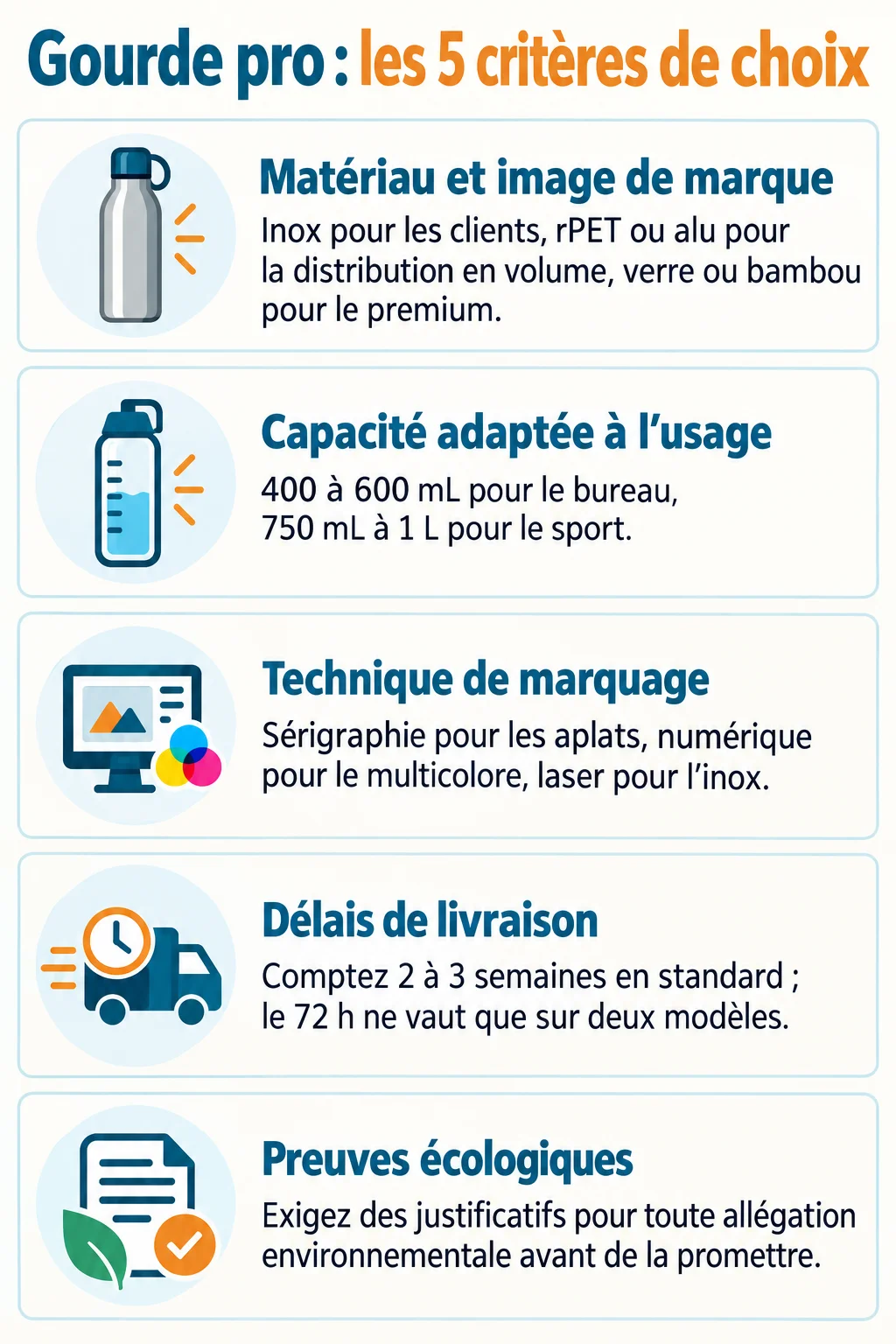 Gourde pro : les 5 critères de choix : Matériau et image de marque, Capacité adaptée à l'usage, Technique de marquage, Délais de livraison, Preuves écologiques