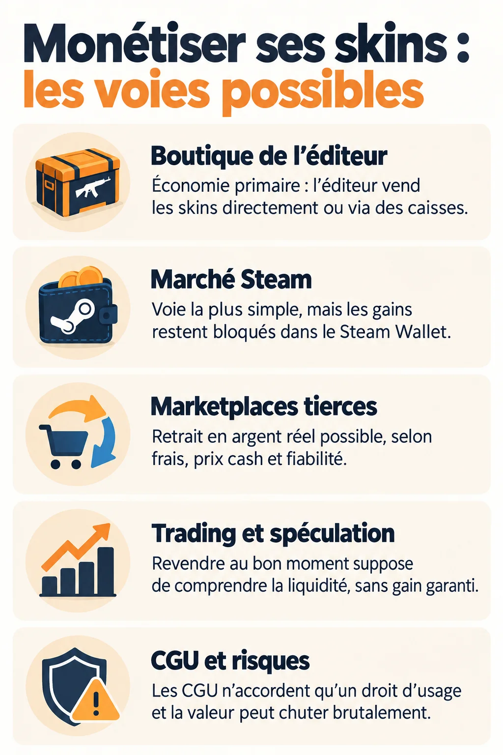 Monétiser ses skins : les voies possibles : Boutique de l'éditeur, Marché Steam, Marketplaces tierces, Trading et spéculation, CGU et risques