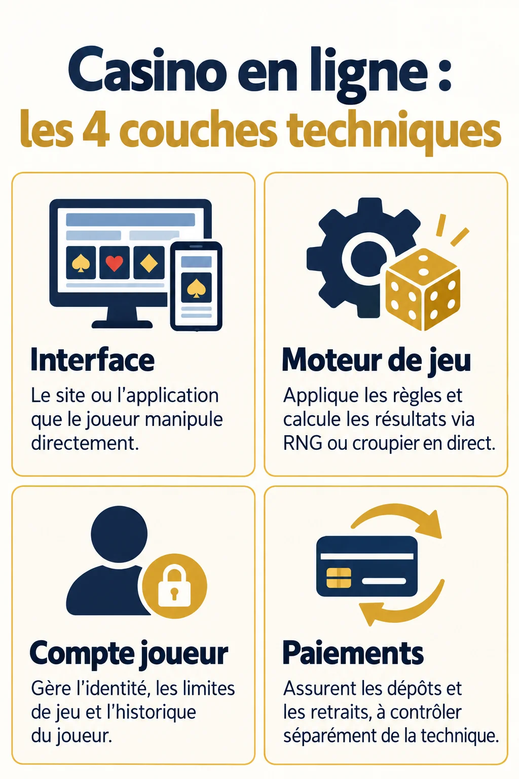 Casino en ligne : les 4 couches techniques : Interface, Moteur de jeu, Compte joueur, Paiements