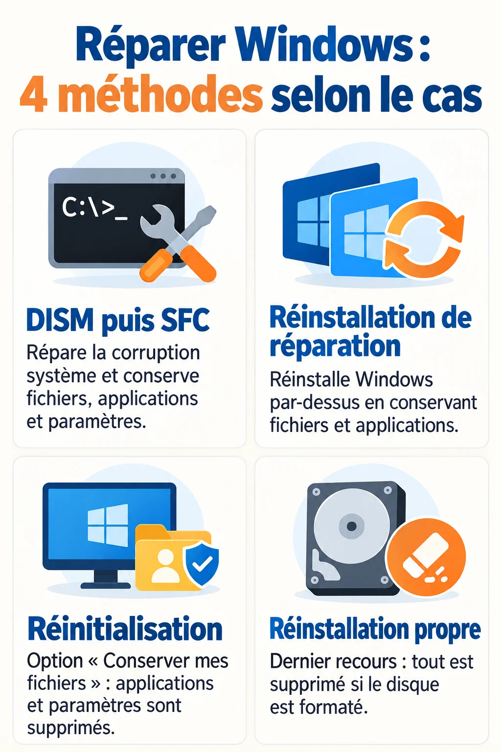 Réparer Windows : 4 méthodes selon le cas : DISM puis SFC, Réinstallation de réparation, Réinitialisation, Réinstallation propre