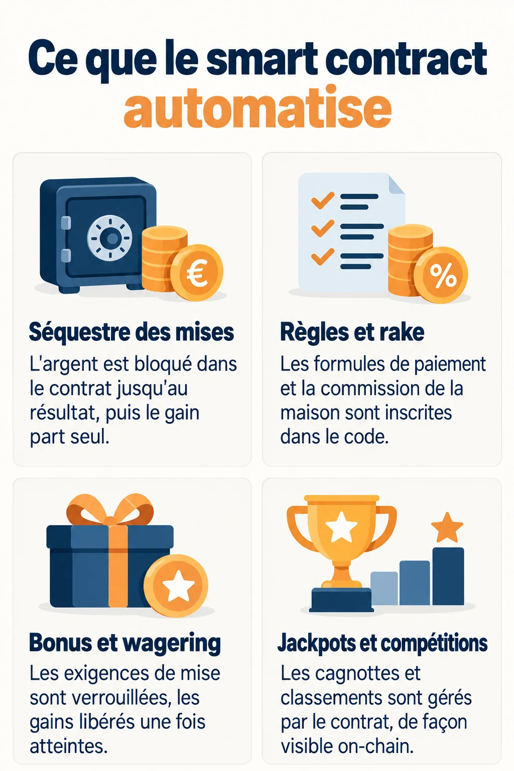 Ce que le smart contract automatise : Séquestre des mises, Règles et rake, Bonus et wagering, Jackpots et compétitions