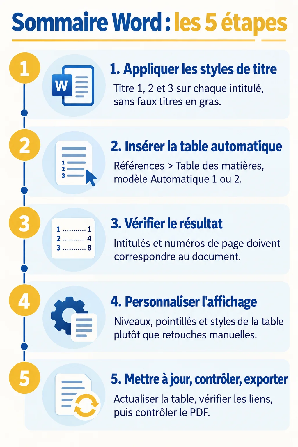 Sommaire Word : les 5 étapes : 1. Appliquer les styles de titre, 2. Insérer la table automatique, 3. Vérifier le résultat, 4. Personnaliser l'affichage, 5. Mettre à jour, contrôler, exporter