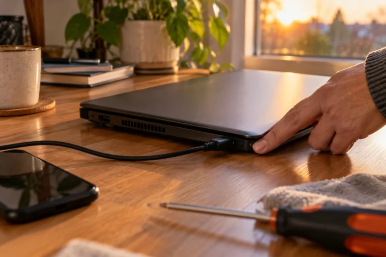 Personne maintenant le bouton d'alimentation d'un ordinateur portable qui ne s'allume plus, chargeur branché sur un bureau