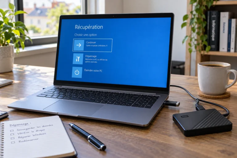 Ordinateur portable en récupération Windows avec clé USB et disque dur externe posés sur un bureau