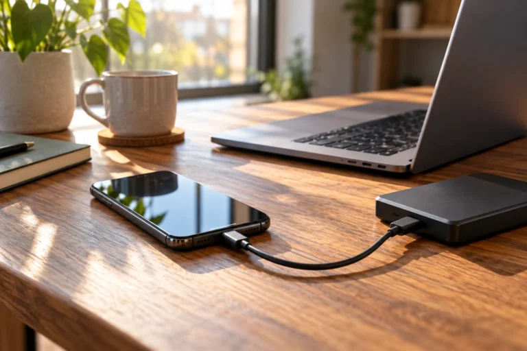 Smartphone relié par câble USB à un ordinateur portable et un disque dur externe sur un bureau en bois