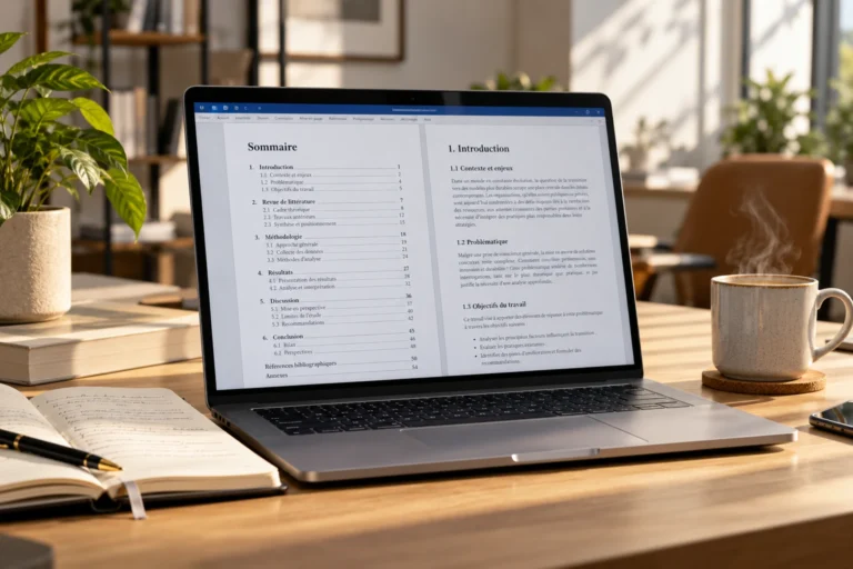 Ordinateur portable affichant un document Word avec son sommaire automatique sur un bureau lumineux
